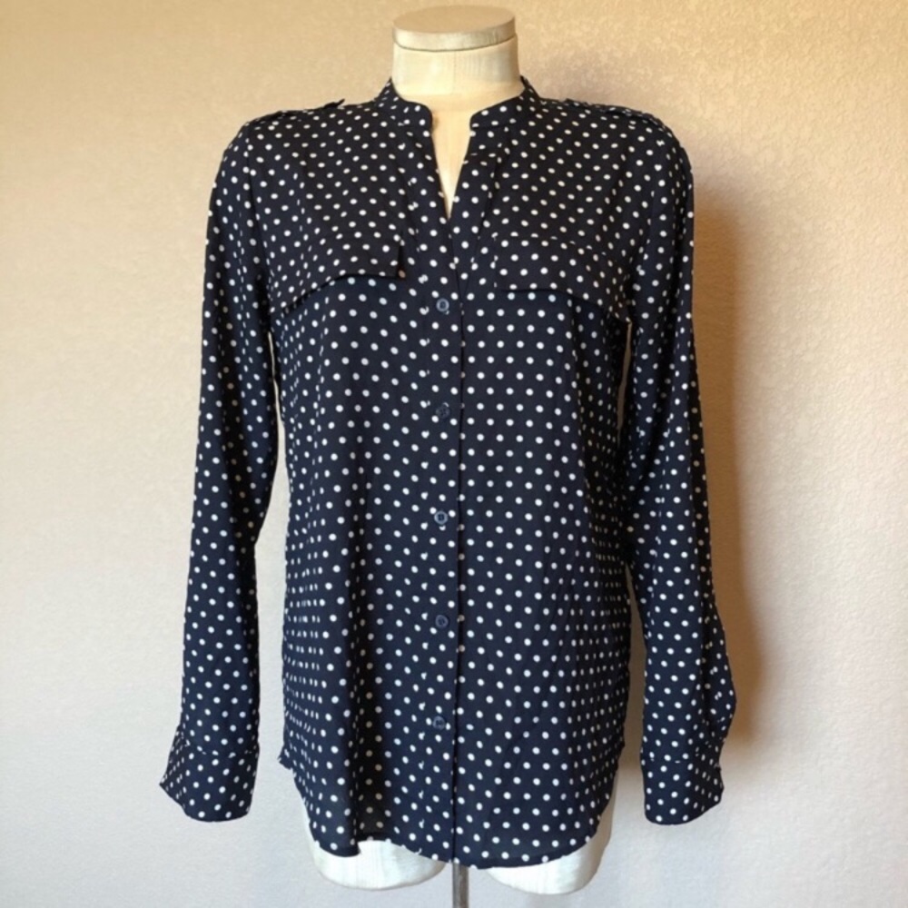 Calvin Klein navy/white polka dot button down top